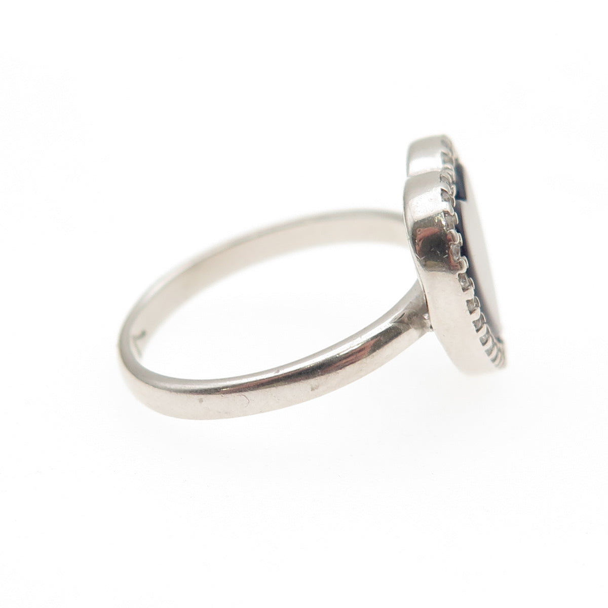 925 Sterling Silver Vintage Real Black Onyx & C Z Heart Ring Size 7