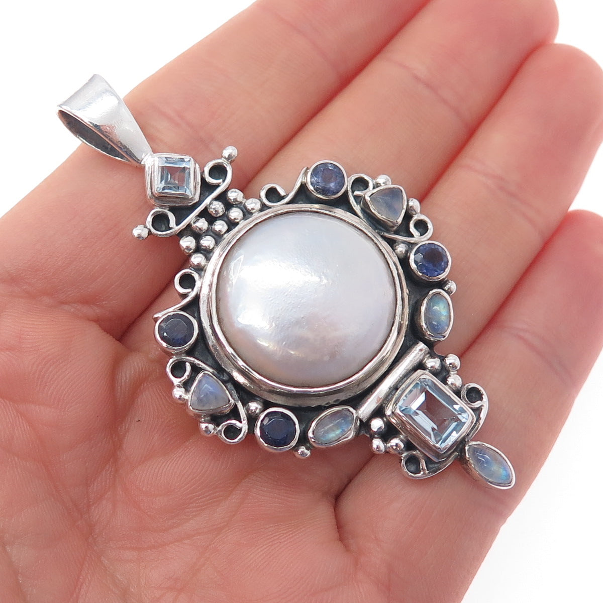 925 Sterling Silver Vintage Real Pearl Moonstone Iolite & Blue Topaz Pendant
