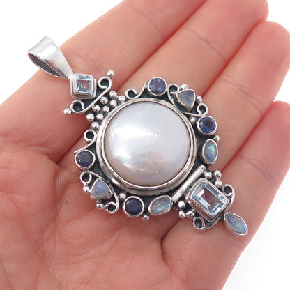 925 Sterling Silver Vintage Real Pearl Moonstone Iolite & Blue Topaz Pendant