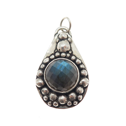 925 Sterling Silver Vintage Real Labradorite Modernist Beaded Oxidized Pendant