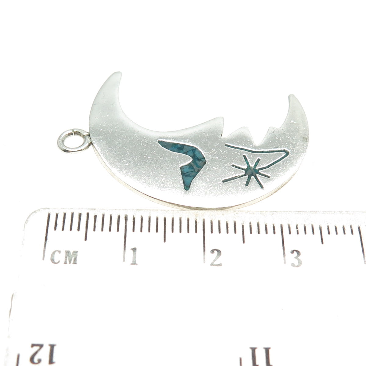 925 Sterling Silver Vintage Mexico Turquoise Inlay Crescent Moon Face Pendant