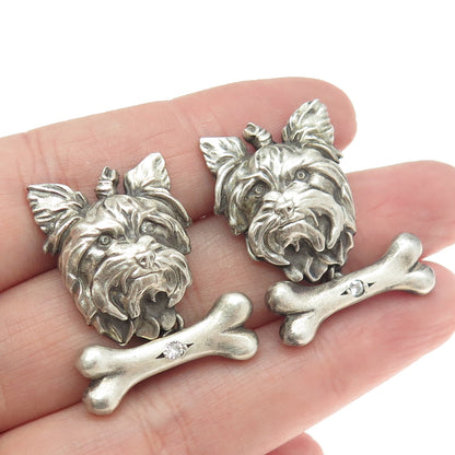 925 Sterling Silver Vintage Real Round-Cut Diamond Yorkshire Terrier Cufflinks