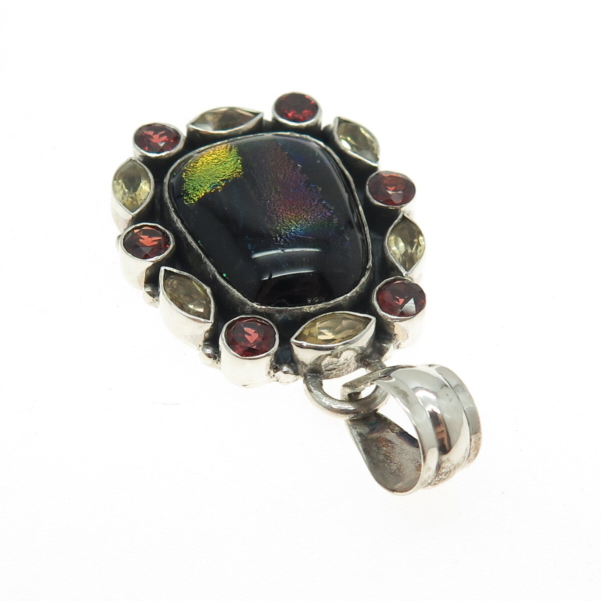 925 Sterling Silver Vintage Dichroic Glass Citrine Red Garnet Modernist Pendant