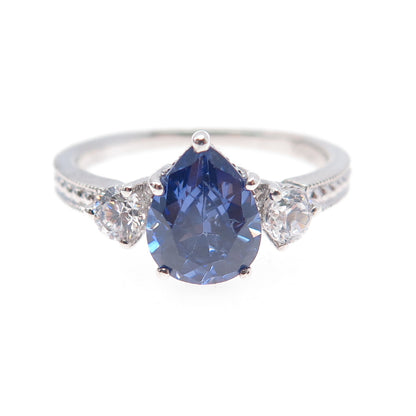 D'Manis 925 Sterling Silver Pear-Cut Blue & Round-Cut White C Z Ring Size 8.25