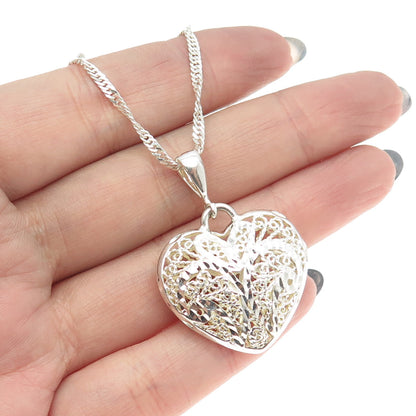 925 Sterling Silver Vintage Italy Ornate Heart Pendant Cuban Chain Necklace 26"