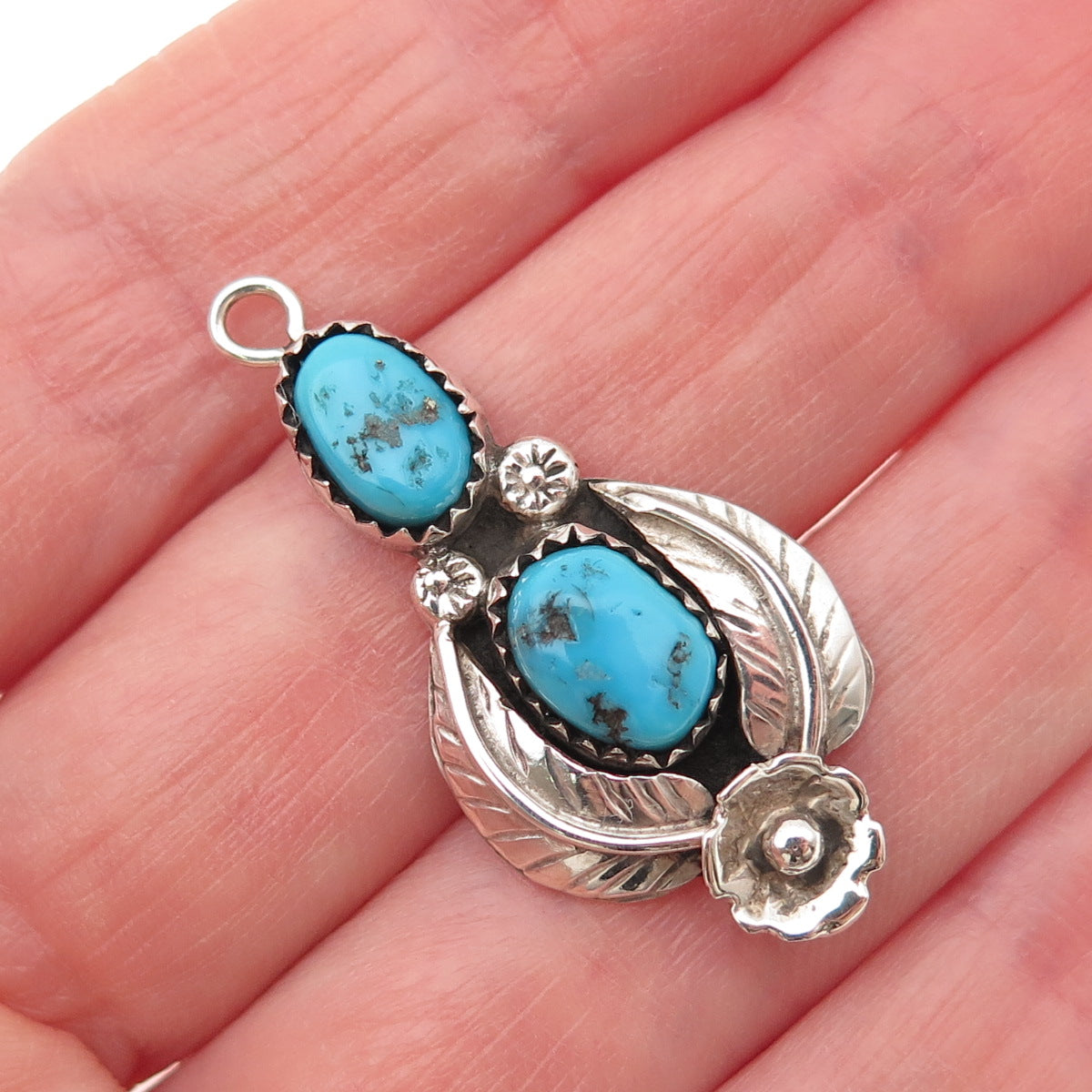 Old Pawn Sterling Silver Vintage Southwestern Turquoise Floral & Feather Pendant