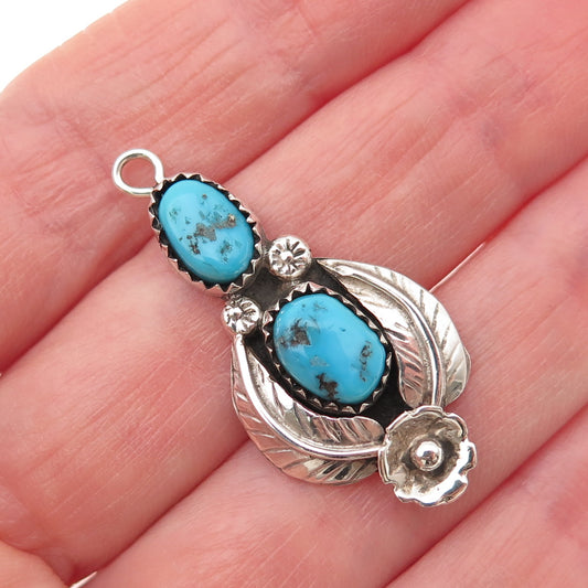 Old Pawn Sterling Silver Vintage Southwestern Turquoise Floral & Feather Pendant