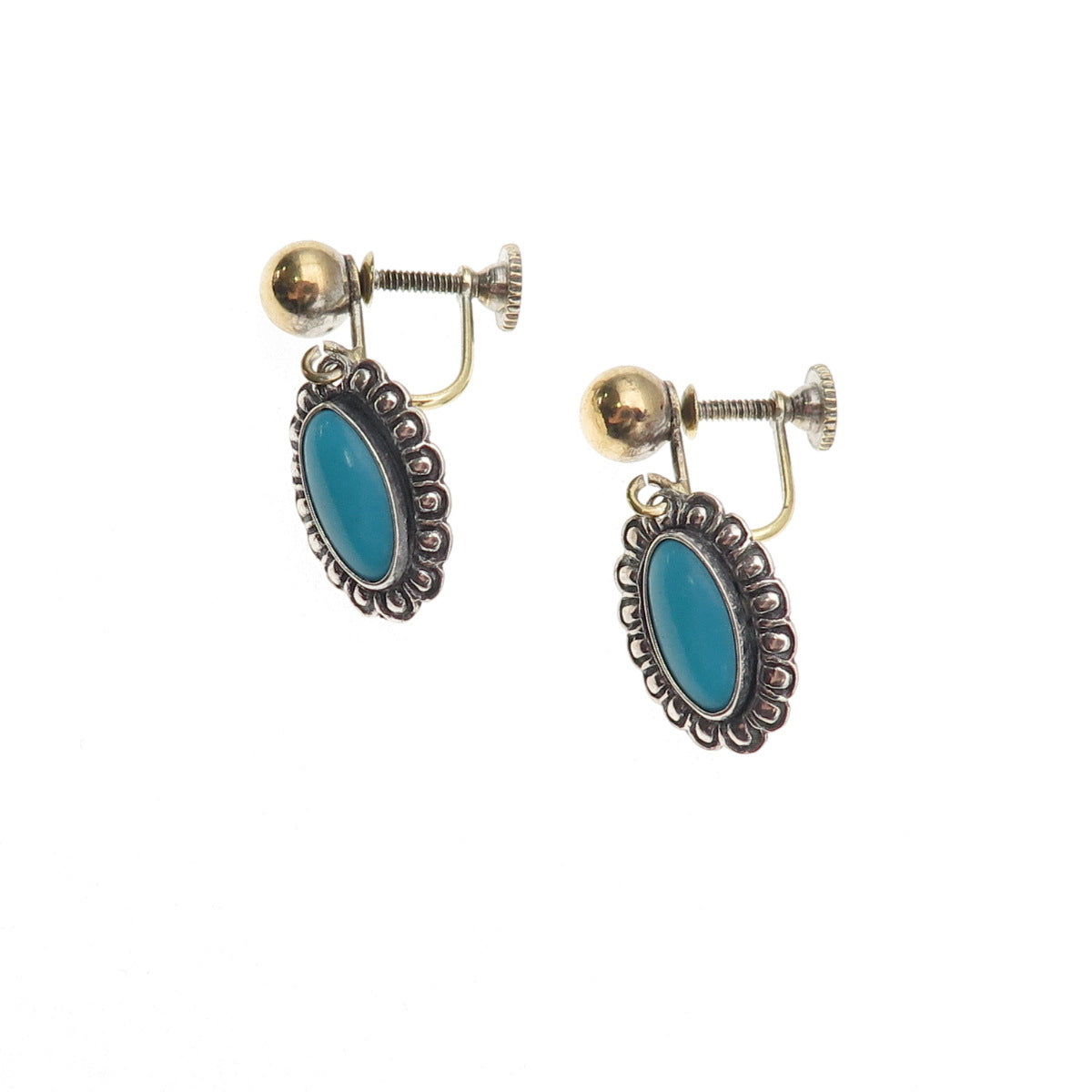 Old Pawn 925 Sterling 2-Tone Vintage Bisbee Turquoise Screw Back Dangle Earrings