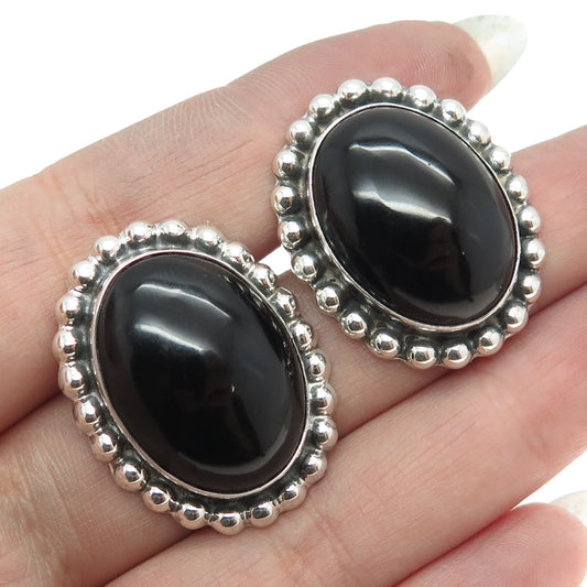 925 Sterling Silver Vintage CII Mexico Real Cabochon Black Onyx Beaded Earrings