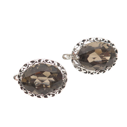 925 Sterling Silver Vintage Real Smoky Quartz Heart Ornate Oxidized Earrings