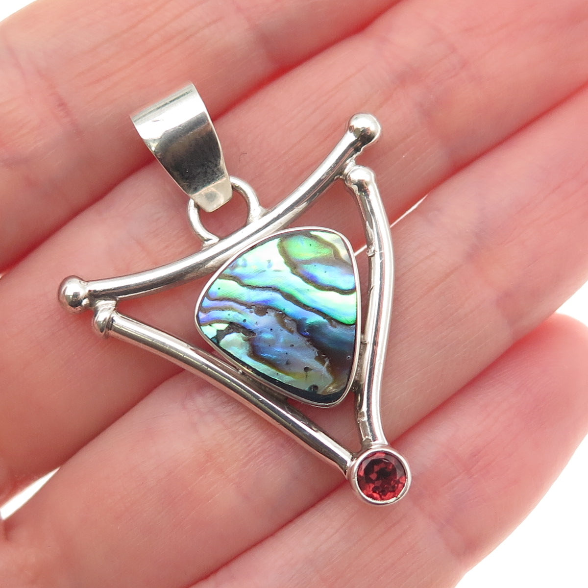 925 Sterling Silver Vintage Real Abalone Shell & Red Garnet Modernist Pendant