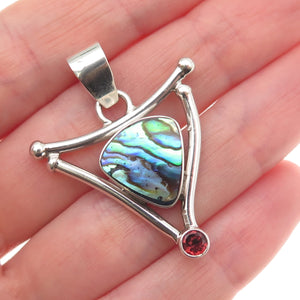 925 Sterling Silver Vintage Real Abalone Shell & Red Garnet Modernist Pendant