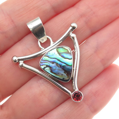 925 Sterling Silver Vintage Real Abalone Shell & Red Garnet Modernist Pendant