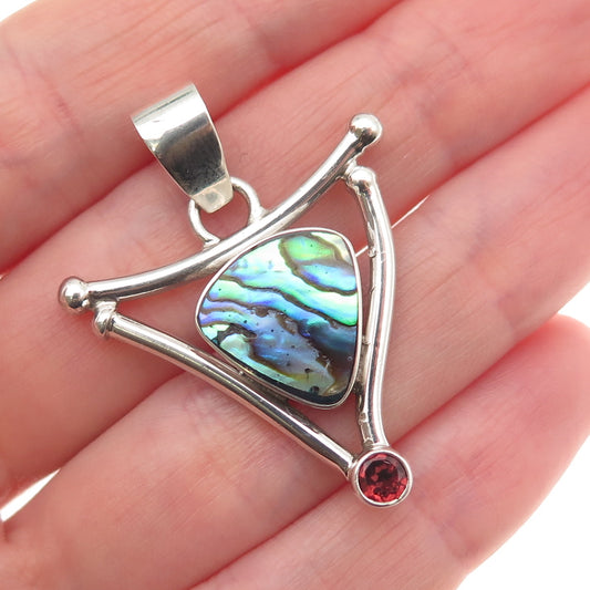 925 Sterling Silver Vintage Real Abalone Shell & Red Garnet Modernist Pendant