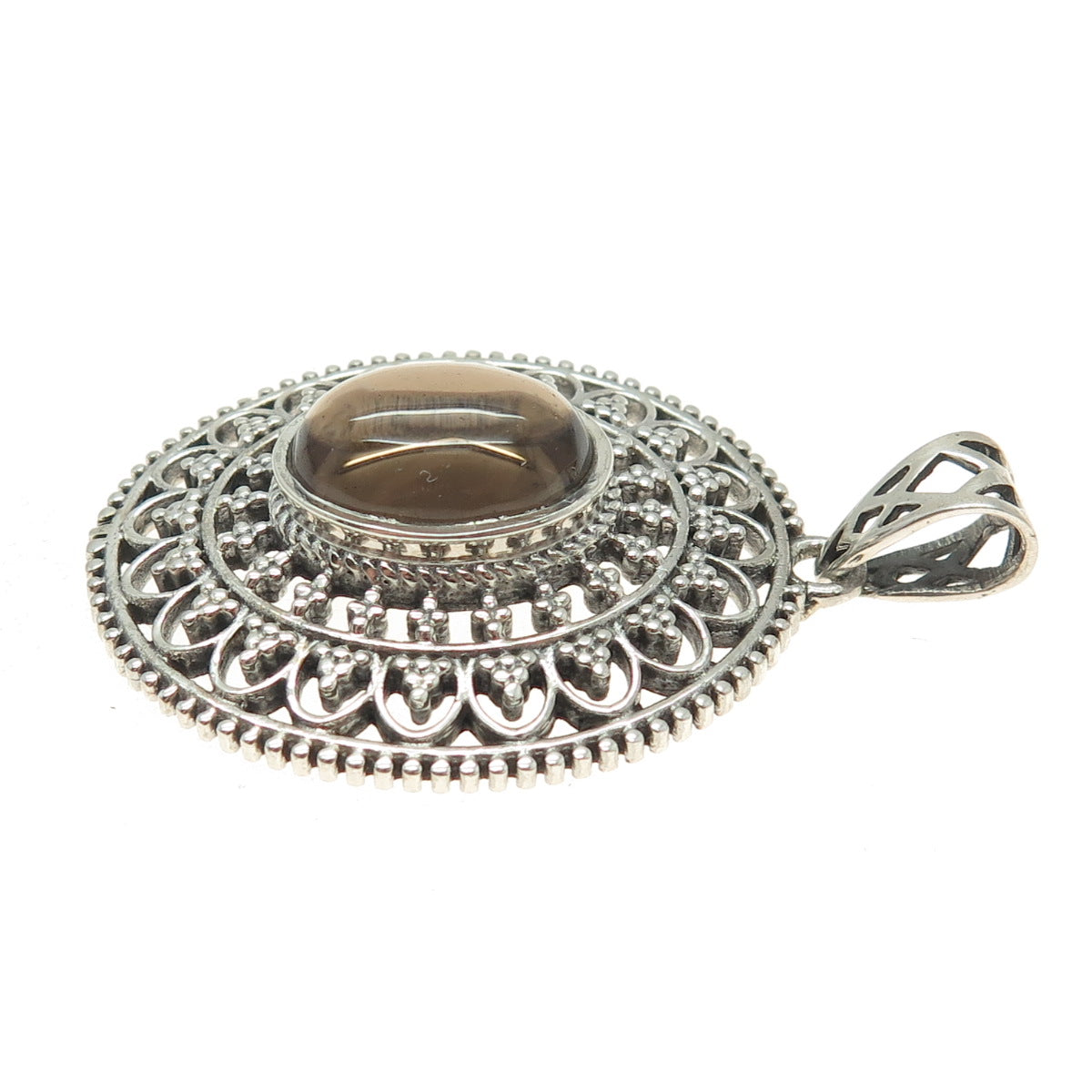 925 Sterling Silver Vintage Real Smoky Quartz Granulated Floral Oxidized Pendant