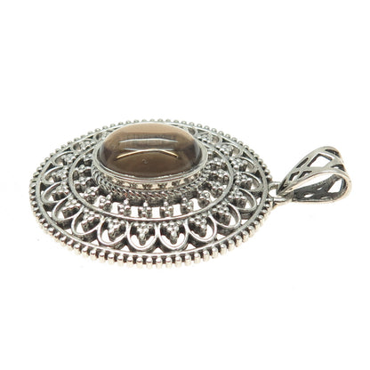 925 Sterling Silver Vintage Real Smoky Quartz Granulated Floral Oxidized Pendant