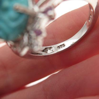 Chuck Clemency 925 Sterling Real Turquoise Pink & White Topaz Floral Ring Size 8