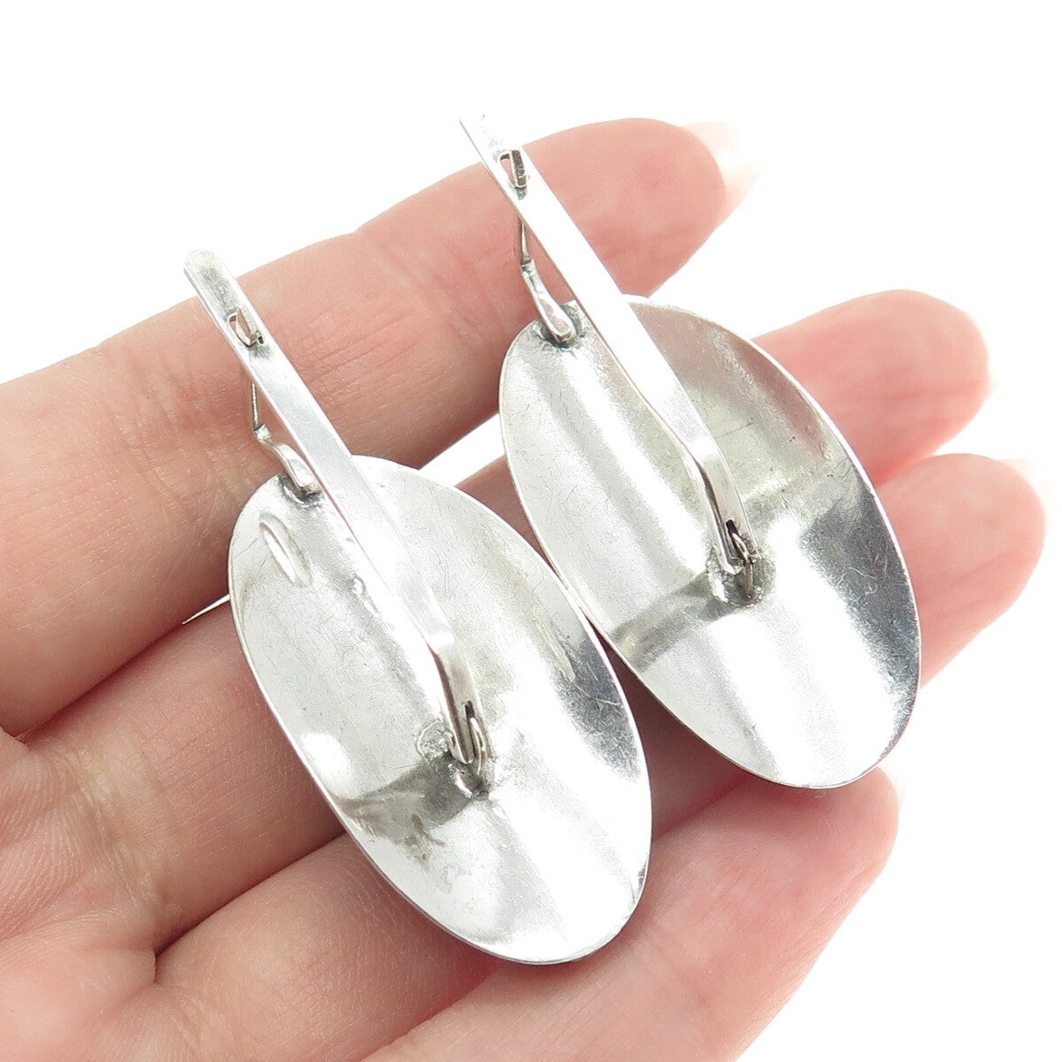 925 Sterling Silver Vintage Real Marquise-Cut Agate Modernist Oxidized Earrings
