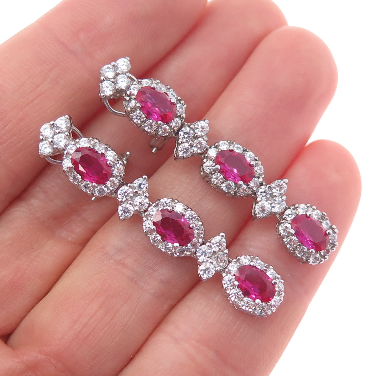 925 Sterling Silver Lab-Created Ruby & C Z Dangle Omega Back Earrings