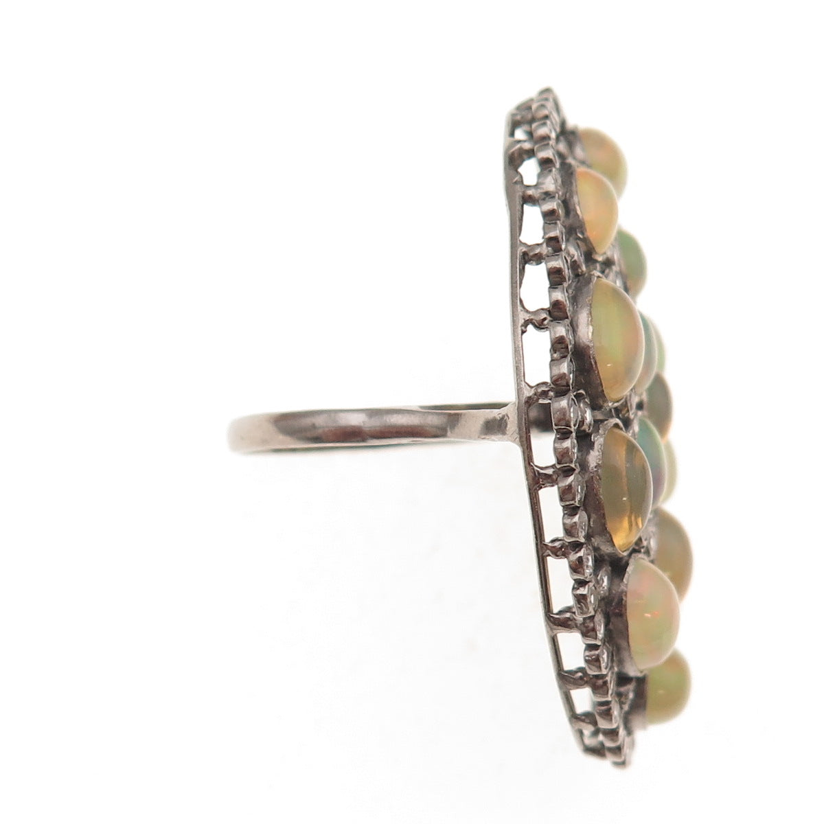 925 Sterling Silver Black Rhodium Real Opal & White Topaz Cluster Ring Size 6.75
