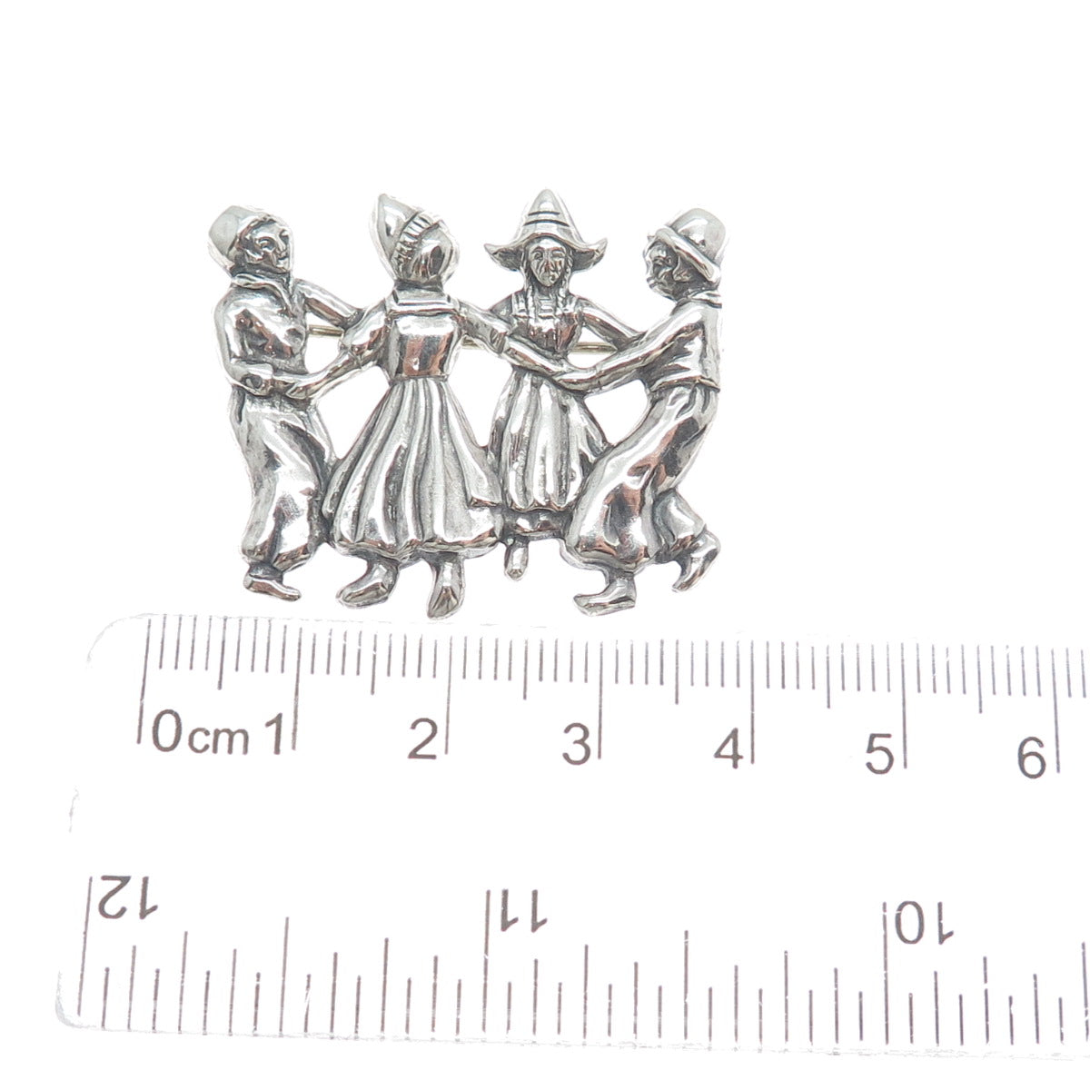 LANG 925 Sterling Silver Vintage Dutch Folklore Dance Scene Oxidized Pin Brooch
