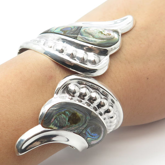 925 Sterling Silver Vintage Mexico Real Abalone Shell Hammered Bracelet 7"