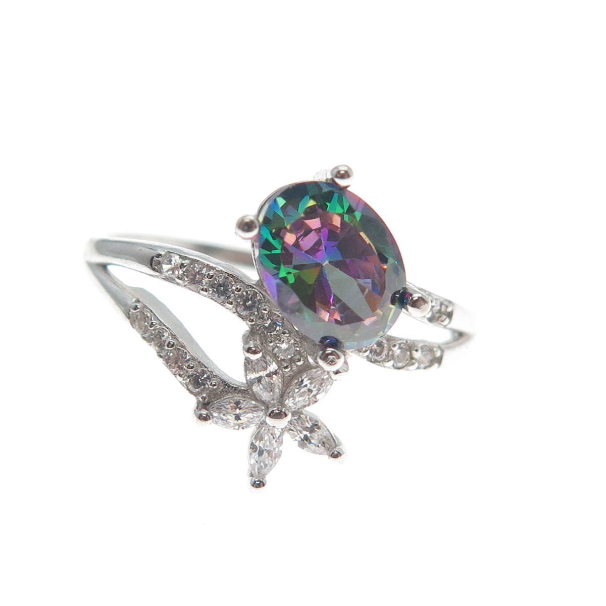 925 Sterling Silver Real Mystic Topaz & C Z Flower Bypass Ring Size 8.25