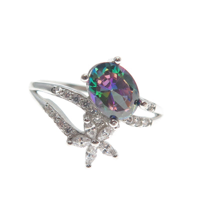 925 Sterling Silver Real Mystic Topaz & C Z Flower Bypass Ring Size 8.25