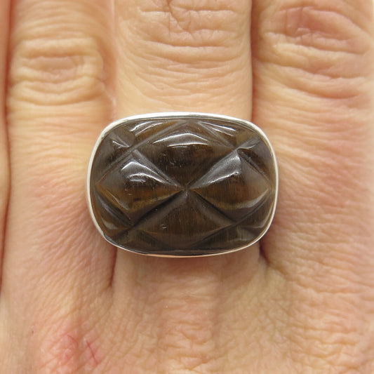 AIL Aluma 925 Sterling Silver Vintage Real Carved Tiger Eye Ring Size 7
