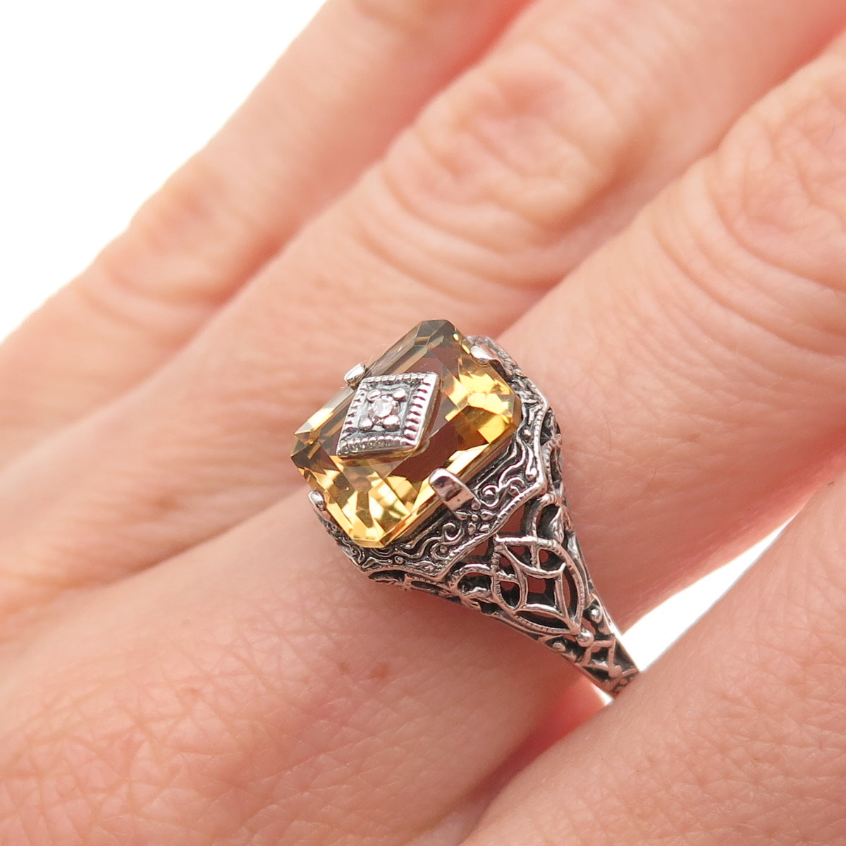 925 Sterling Silver Vintage Real Diamond & Citrine Oxidized Ring Size 8