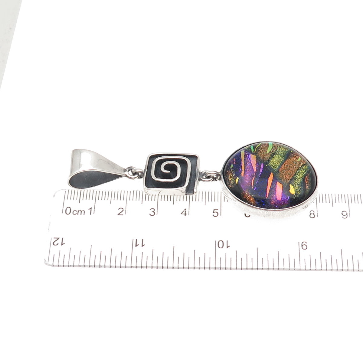 925 Sterling Silver Vintage Dichroic Glass Modernist Spiral Large Pendant