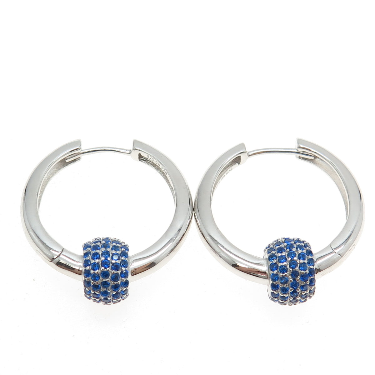 925 Sterling Silver Round-Cut Blue C Z Charm Hoop Earrings