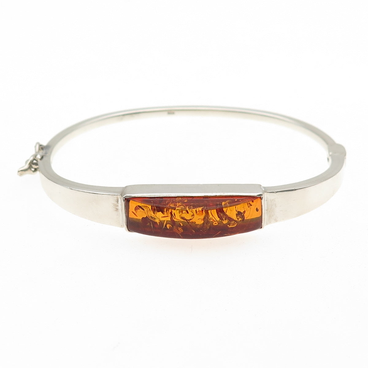 925 Sterling Silver Vintage Real Amber Modernist Bangle Bracelet 6.5"