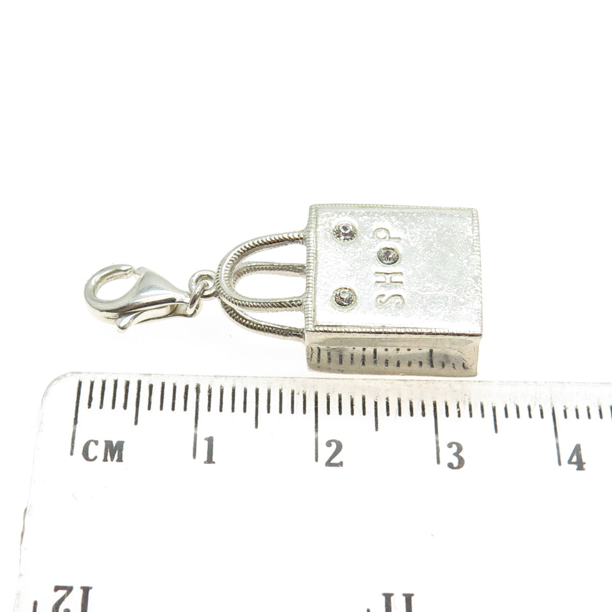 925 Sterling Silver Vintage Rhinestone "Shop" Lady's Bag 3D Charm Pendant