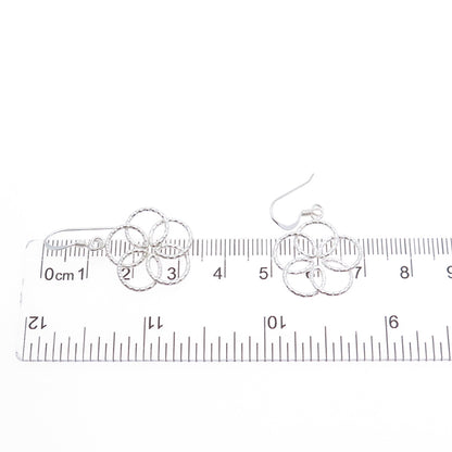 925 Sterling Silver Vintage Interlocked Circle Flower Dangle Earrings