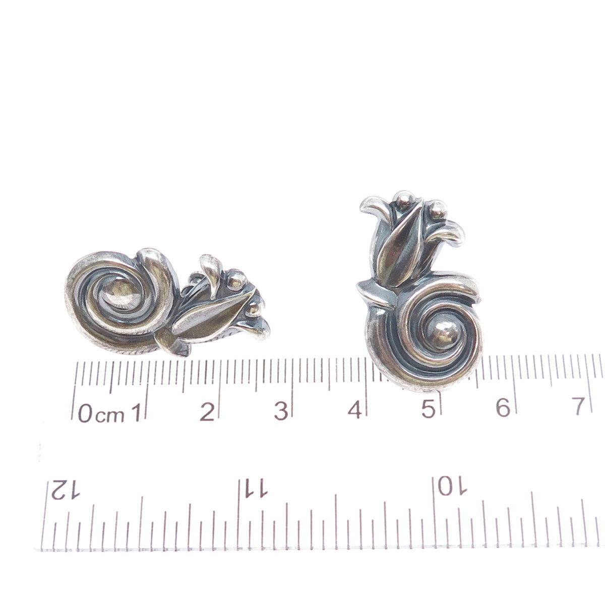 925 Sterling Silver Vintage Modernist Tulip Flower Oxidized Screw Back Earrings