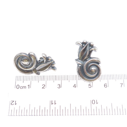 925 Sterling Silver Vintage Modernist Tulip Flower Oxidized Screw Back Earrings