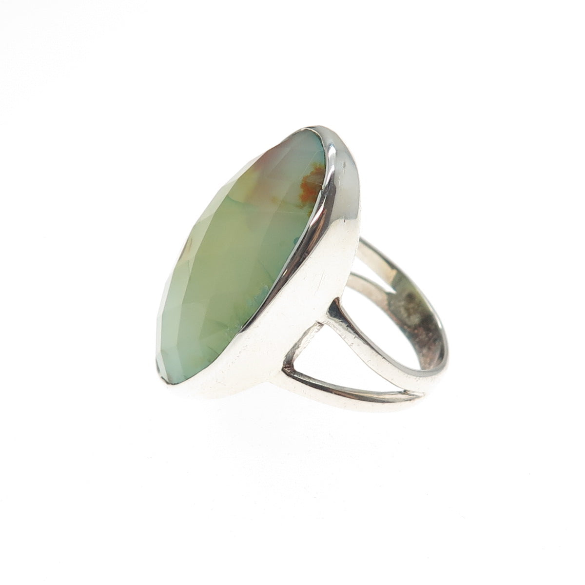 925 Sterling Silver Vintage Real Green Agate Modernist Ring Size 10