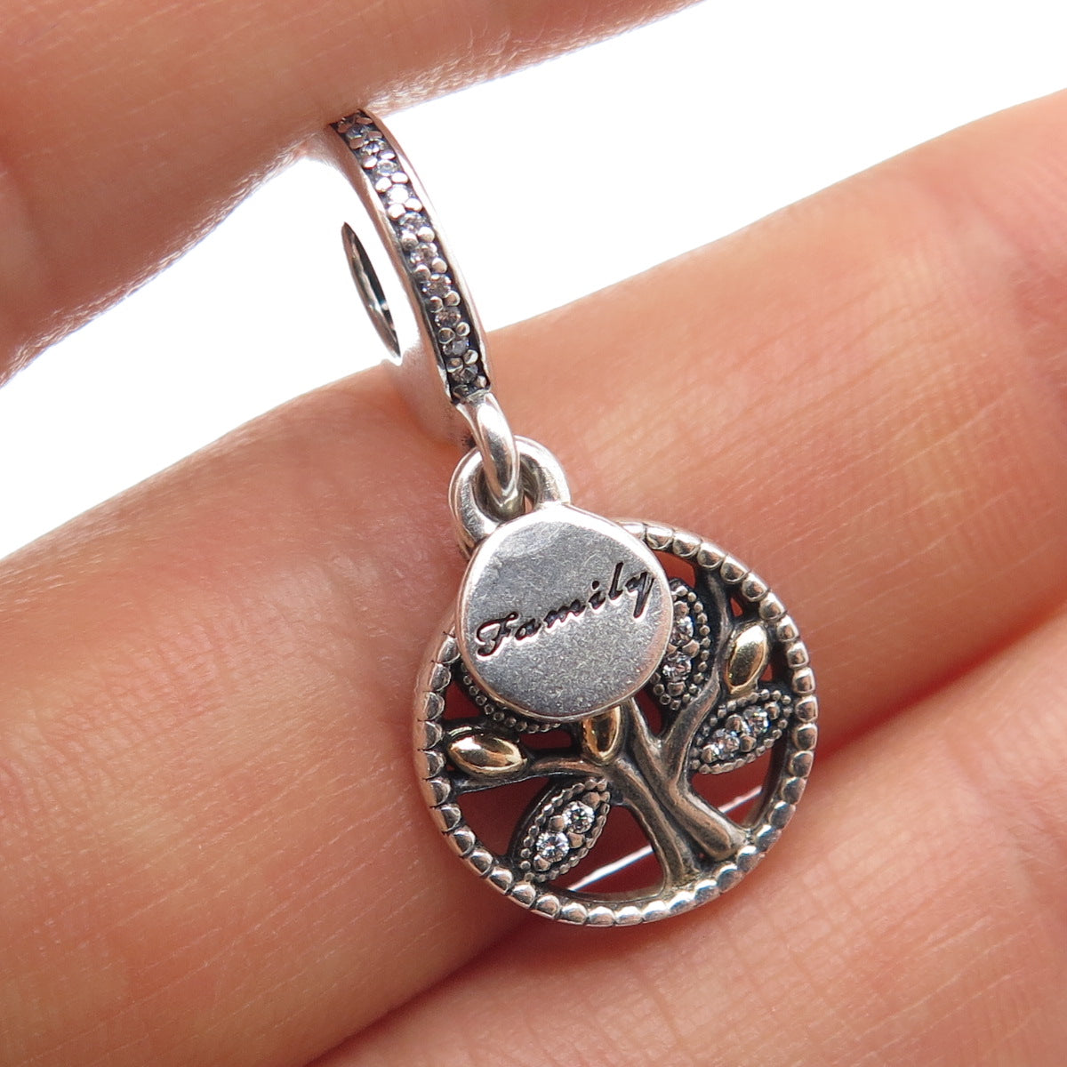 PANDORA 925 Sterling Silver Round-Cut C Z Tree of Life Family Dangle Charm