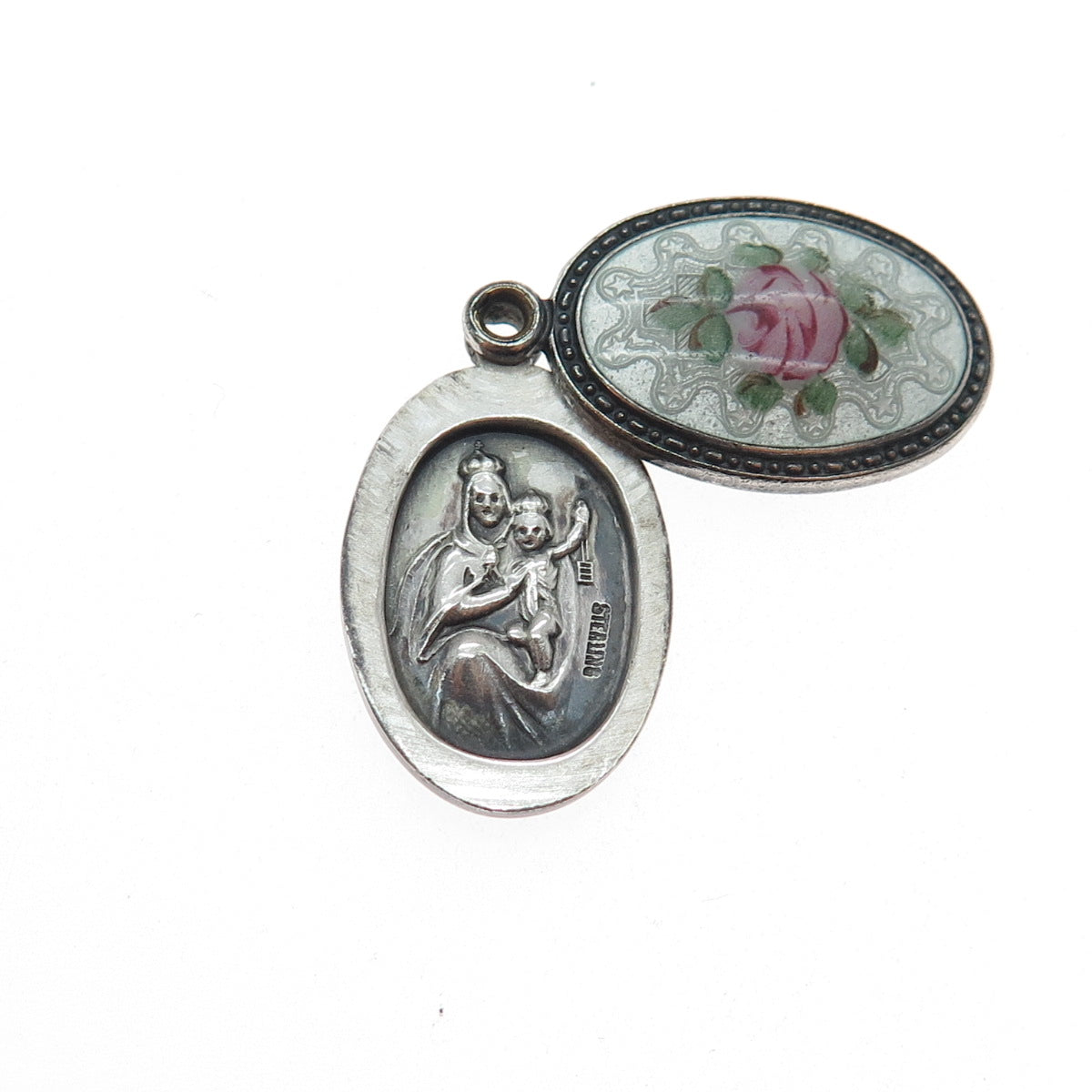 925 Sterling Silver Antique Enamel Rose Flower St. Mary Jesus Mini Slide Pendant