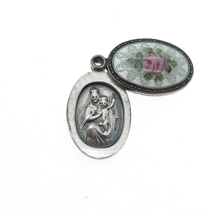 925 Sterling Silver Antique Enamel Rose Flower St. Mary Jesus Mini Slide Pendant