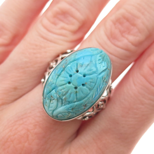 SX Sally C 925 Sterling Silver Vintage Real Turquoise Carved Floral Ring Size 8