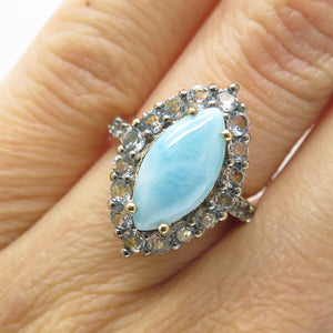 925 Sterling Silver Gold Plated Marquise-Cut Larimar Blue Topaz Gem Ring Size 5