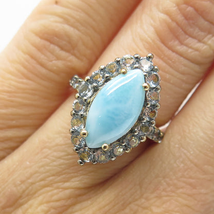 925 Sterling Silver Gold Plated Marquise-Cut Larimar Blue Topaz Gem Ring Size 5