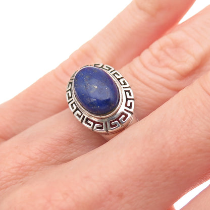 925 Sterling Silver Vintage Real Lapis Greek Key Oxidized Ring Size 6