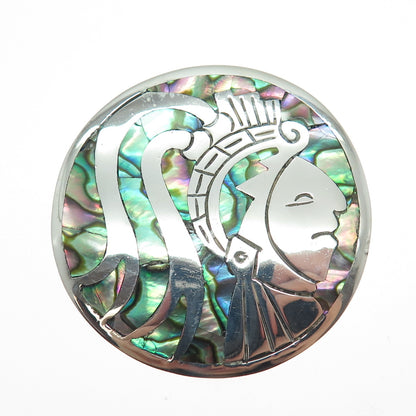 925 Sterling Silver Vintage Mexico Real Abalone Shell Warrior Pin Brooch Pendant