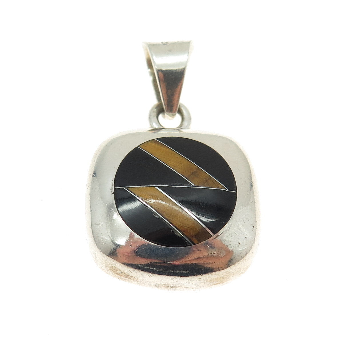 925 Sterling Silver Vintage Mexico Real Tiger Eye & Black Onyx Cushion Pendant