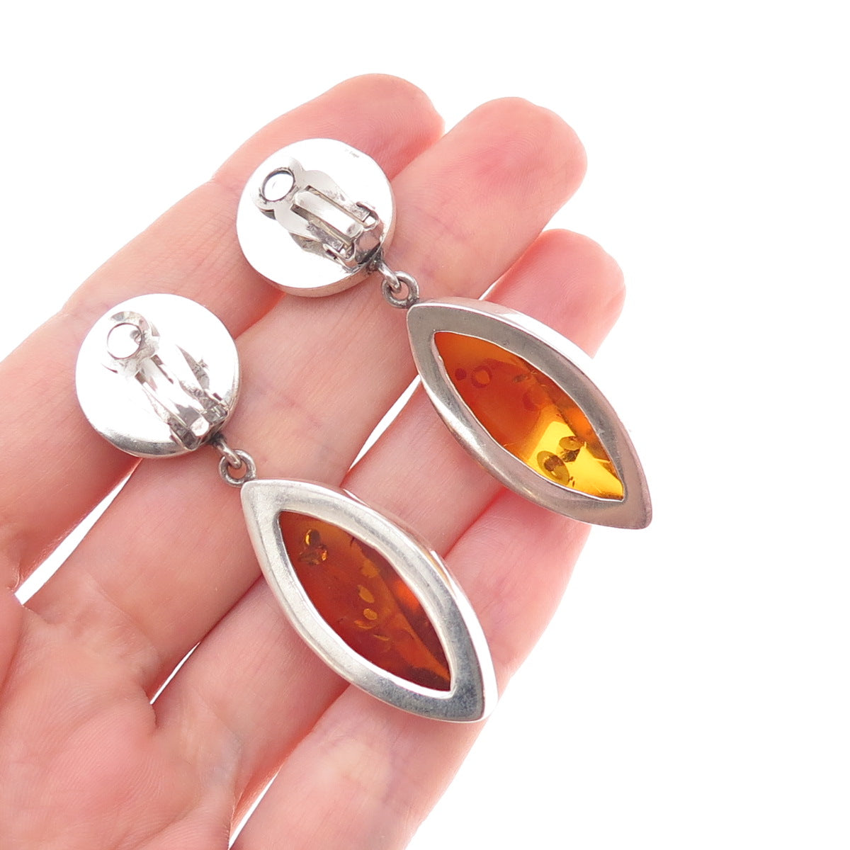 Lori Bonn 925 Sterling Silver Vintage Real Amber Modernist Clip On Earrings