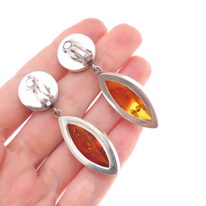 Lori Bonn 925 Sterling Silver Vintage Real Amber Modernist Clip On Earrings