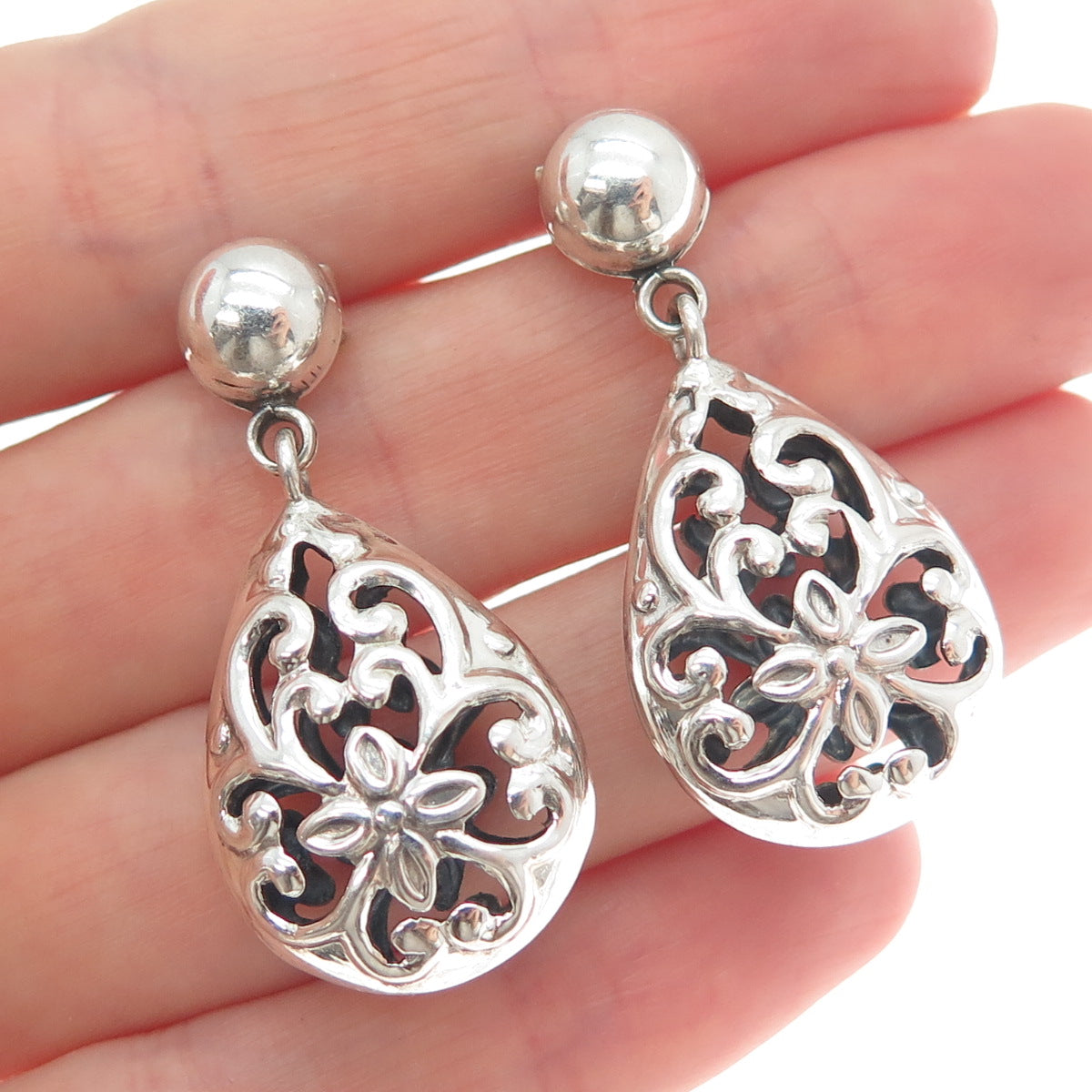 950 Silver Vintage Floral Swirl Teardrop Dangle Earrings